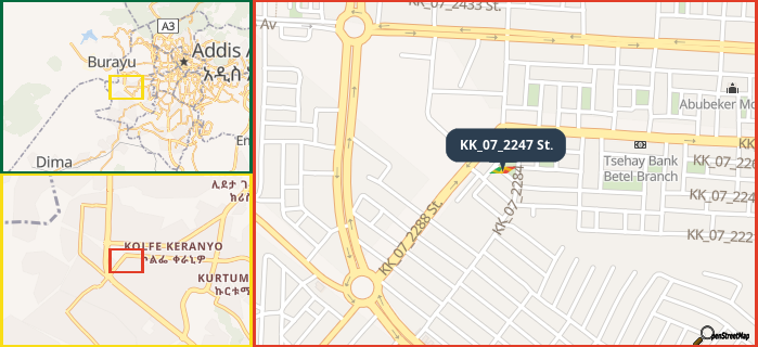 Map showing the address of KK_07_2247 St. in three different zoom levels.