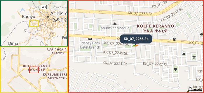 Map showing the address of KK_07_2266 St. in three different zoom levels.