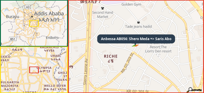 Map showing the address of Anbessa AB056: Shero Meda => Saris Abo in three different zoom levels.