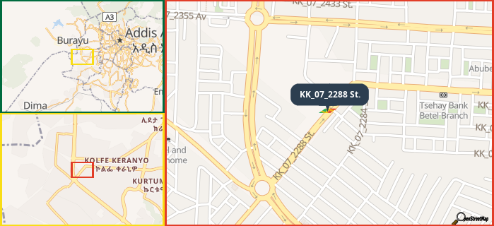 Map showing the address of KK_07_2288 St. in three different zoom levels.