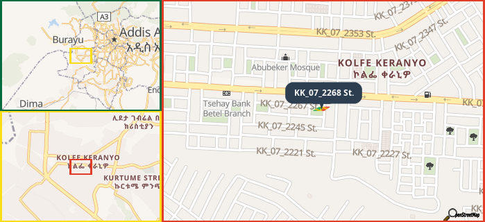 Map showing the address of KK_07_2268 St. in three different zoom levels.