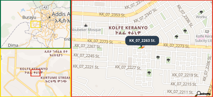 Map showing the address of KK_07_2263 St. in three different zoom levels.