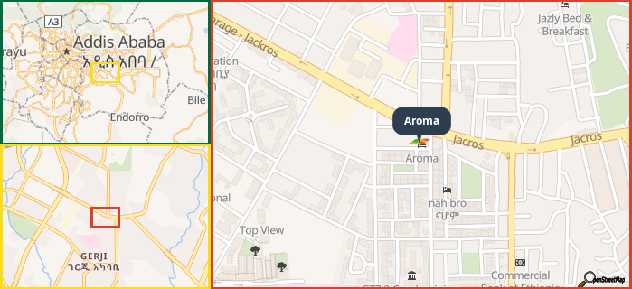 Map showing the address of Aroma in three different zoom levels.