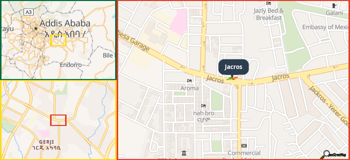 Map showing the address of Jacros in three different zoom levels.