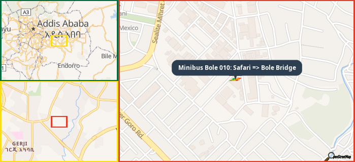 Map showing the address of Minibus Bole 010: Safari => Bole Bridge in three different zoom levels.