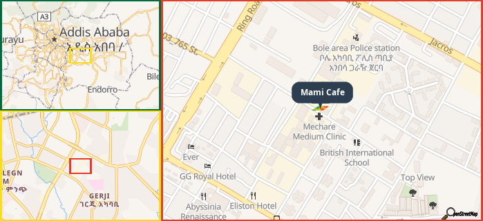 Map showing the address of Mami Cafe in three different zoom levels.