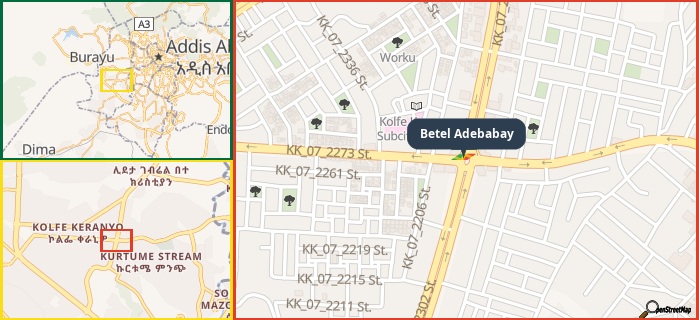 Map showing the address of Betel Adebabay in three different zoom levels.