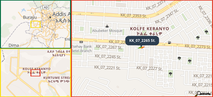 Map showing the address of KK_07_2265 St. in three different zoom levels.