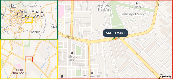 Map showing the address of SALPH MART in three different zoom levels.