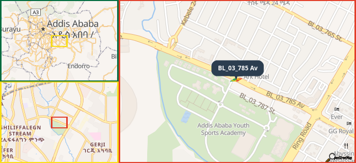 Map showing the address of BL_03_785 Av in three different zoom levels.