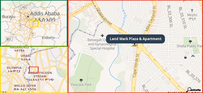 Map showing the address of Land Mark Plaza & Apartment in three different zoom levels.
