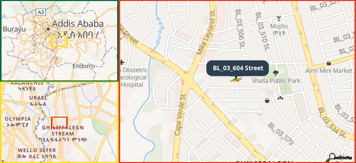 Map showing the address of BL_03_604 Street in three different zoom levels.