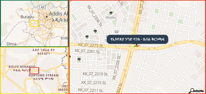 Map showing the address of የኢትዮጵያ ንግድ ባንክ - ቤተል ቅርንጫፍ in three different zoom levels.
