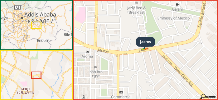 Map showing the address of Jacros in three different zoom levels.