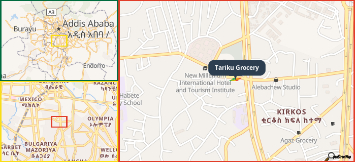 Map showing the address of Tariku Grocery in three different zoom levels.