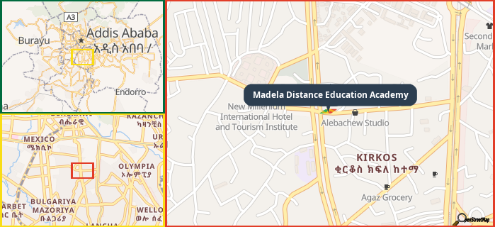 Map showing the address of Madela Distance Education Academy in three different zoom levels.
