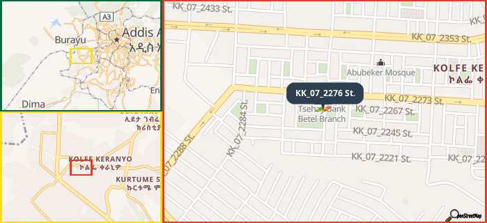 Map showing the address of KK_07_2276 St. in three different zoom levels.