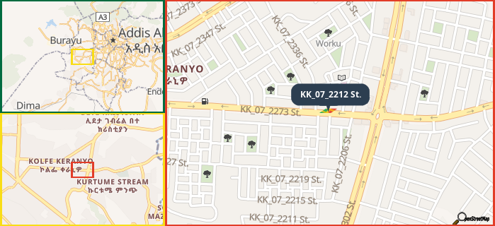 Map showing the address of KK_07_2212 St. in three different zoom levels.