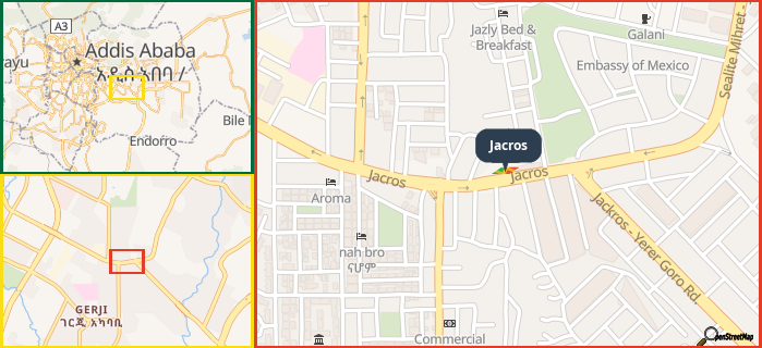 Map showing the address of Jacros in three different zoom levels.