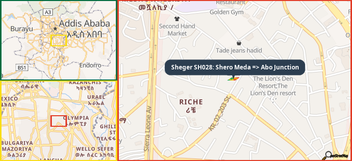 Map showing the address of Sheger SH028: Shero Meda => Abo Junction in three different zoom levels.