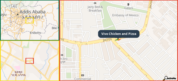 Map showing the address of Vivo Chicken and Pizza in three different zoom levels.