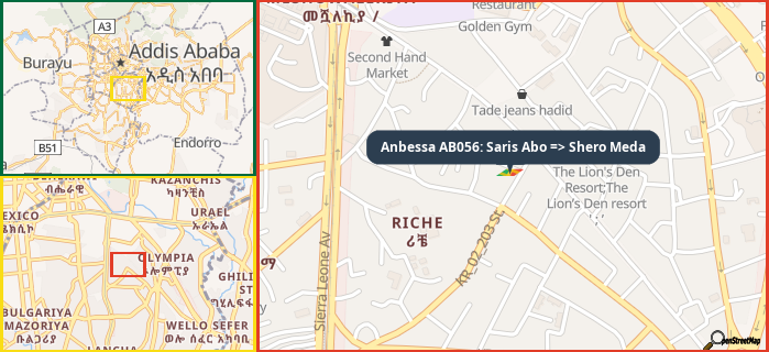 Map showing the address of Anbessa AB056: Saris Abo => Shero Meda in three different zoom levels.