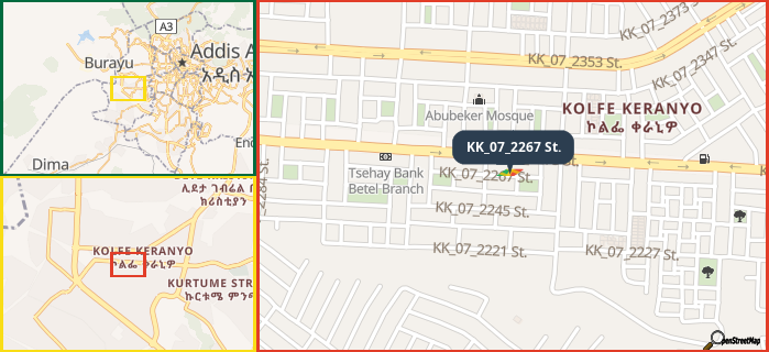 Map showing the address of KK_07_2267 St. in three different zoom levels.