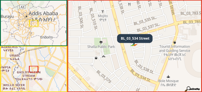 Map showing the address of BL_03_534 Street in three different zoom levels.