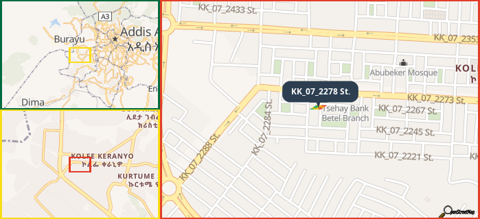 Map showing the address of KK_07_2278 St. in three different zoom levels.