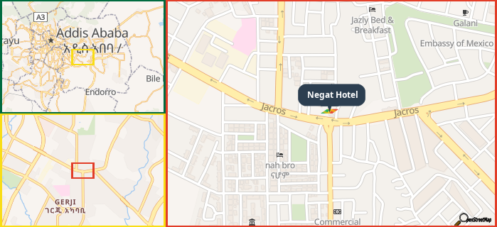 Map showing the address of Negat Hotel in three different zoom levels.