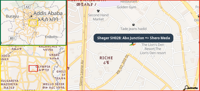 Map showing the address of Sheger SH028: Abo Junction => Shero Meda in three different zoom levels.