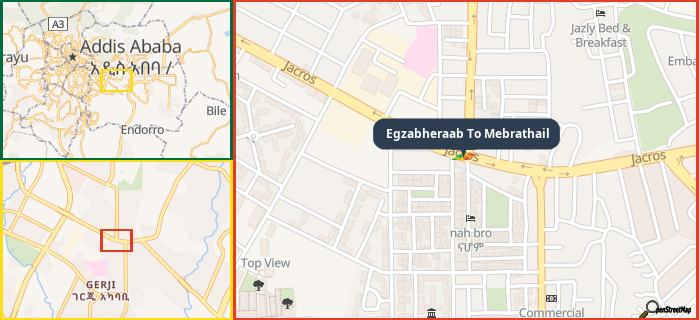 Map showing the address of Egzabheraab To Mebrathail in three different zoom levels.