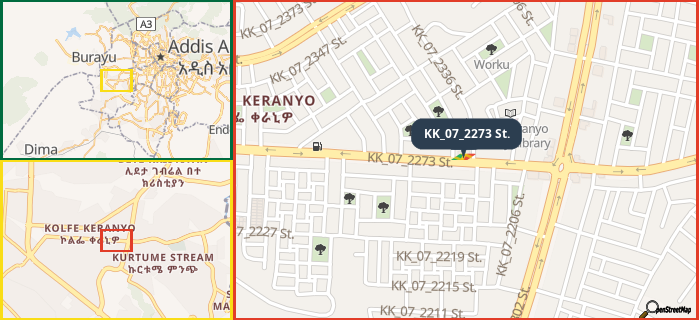 Map showing the address of KK_07_2273 St. in three different zoom levels.