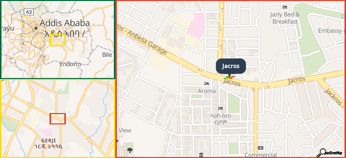 Map showing the address of Jacros in three different zoom levels.