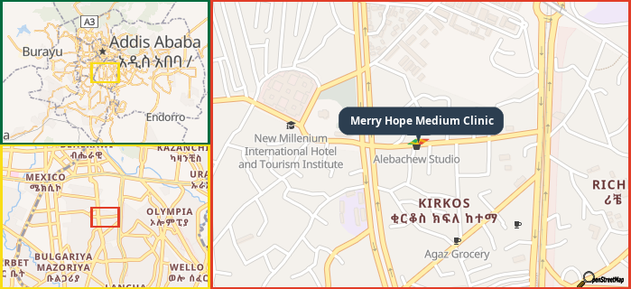 Map showing the address of Merry Hope Medium Clinic in three different zoom levels.