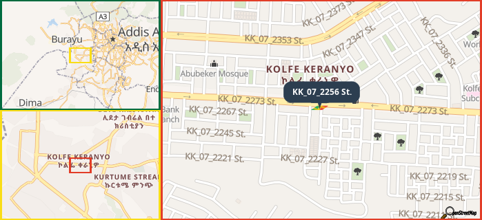 Map showing the address of KK_07_2256 St. in three different zoom levels.