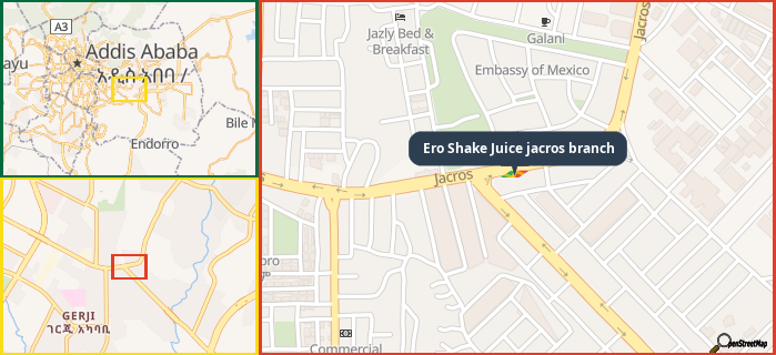 Map showing the address of Ero Shake Juice jacros branch in three different zoom levels.