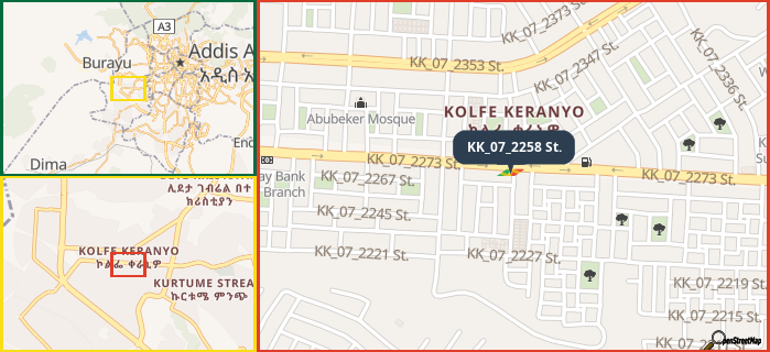 Map showing the address of KK_07_2258 St. in three different zoom levels.