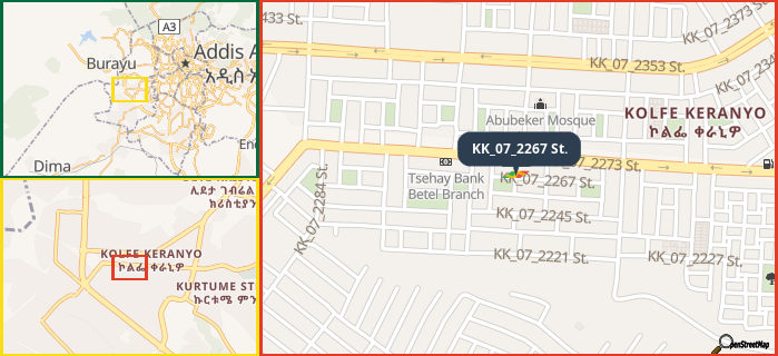 Map showing the address of KK_07_2267 St. in three different zoom levels.