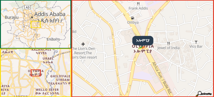 Map showing the address of ኦሎምፒያ in three different zoom levels.