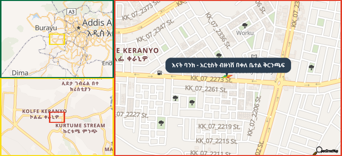Map showing the address of እናት ባንክ - አርቲስት ብዙነሽ በቀለ ቤተል ቅርንጫፍ in three different zoom levels.