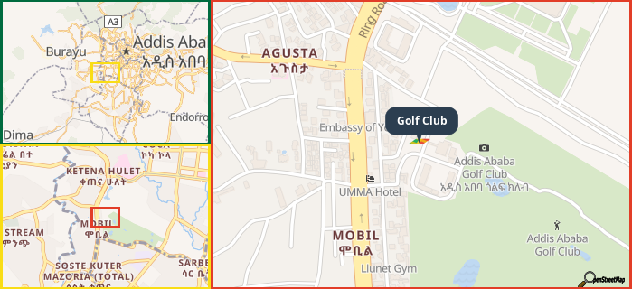 Map showing the address of Golf Club in three different zoom levels.