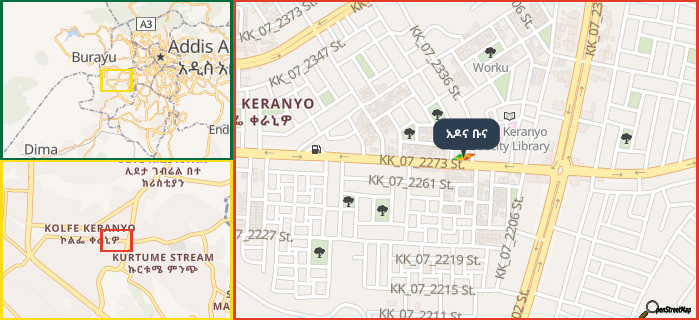 Map showing the address of አዶና ቡና in three different zoom levels.