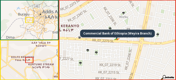 Map showing the address of Commercial Bank of Ethiopia (Weyira Branch) in three different zoom levels.