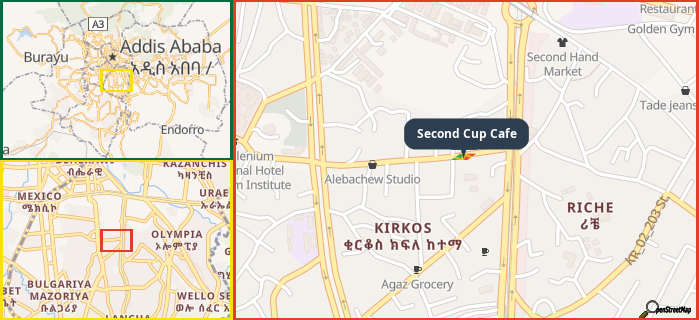 Map showing the address of Second Cup Cafe in three different zoom levels.