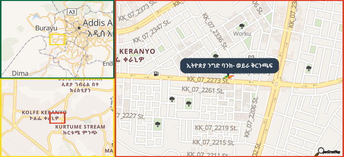 Map showing the address of ኢትዮጵያ ንግድ ባንክ- ወይራ ቅርንጫፍ in three different zoom levels.