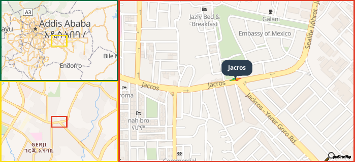 Map showing the address of Jacros in three different zoom levels.