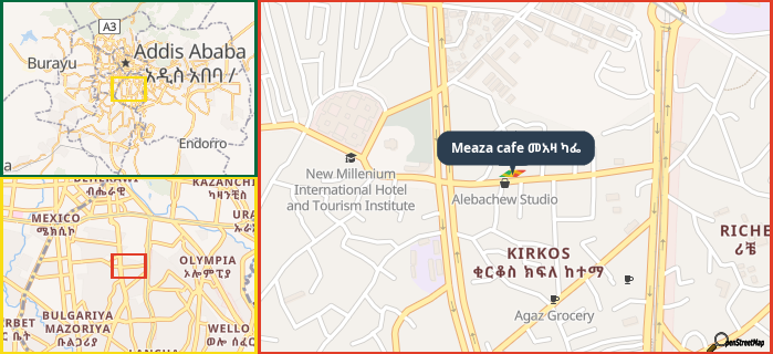 Map showing the address of Meaza cafe መአዛ ካፌ in three different zoom levels.