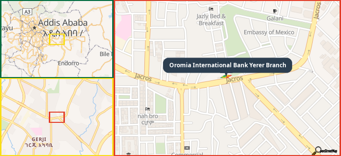 Map showing the address of Oromia International Bank Yerer Branch in three different zoom levels.