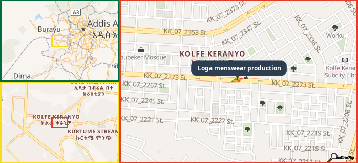 Map showing the address of Loga menswear production in three different zoom levels.